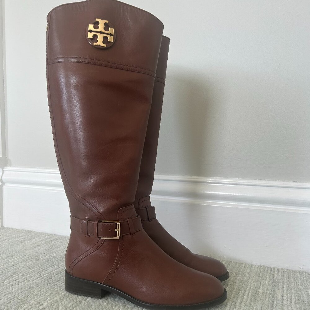 Tory Burch Adeline Riding Boots | Brown/Gold Size 8 - Picture 2 of 7